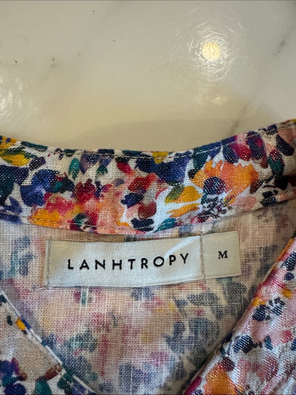 Lanhtropy Linen Pink Multi Floral Short-Sleeve Button Front Blouse - Picture 2 of 3